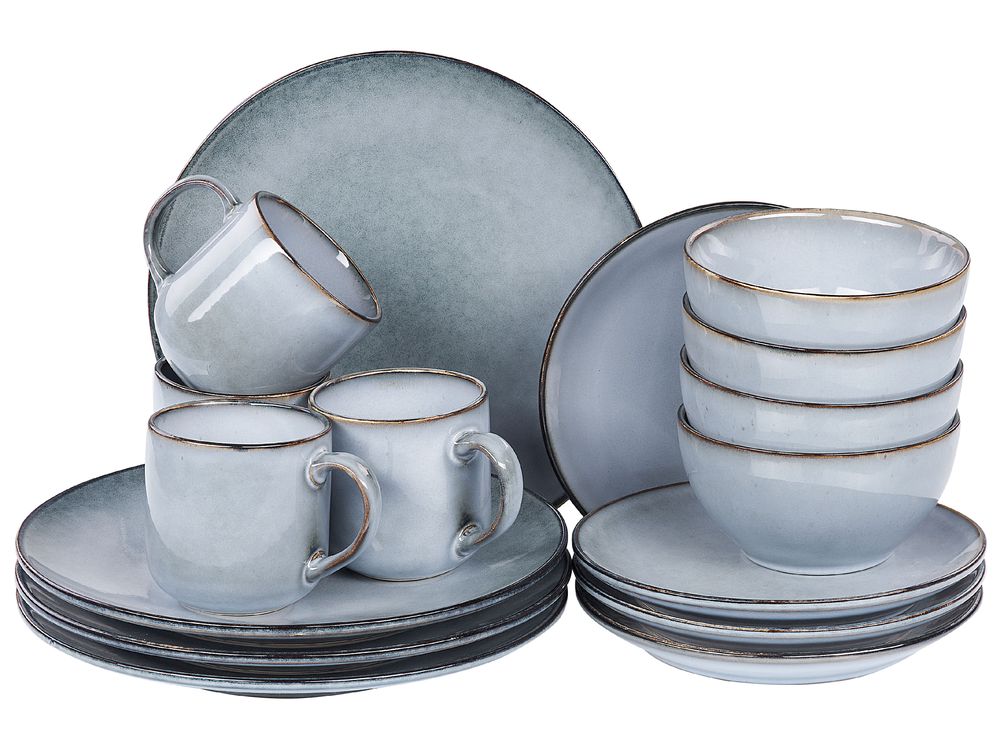 Set of 16 Dinnerware JUNIPER Stoneware Light Blue