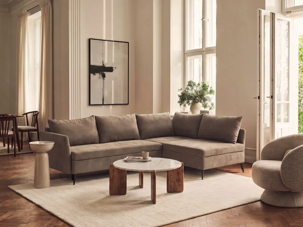 Eckschlafsofa 3-Sitzer KOGE mit Stauraum Stoff Braun linksseitig