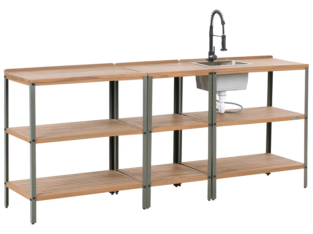 Outdoor-Küche 3er Set mit Spüle IVREA Braun / Schwarz zertifiziertes Akazienholz