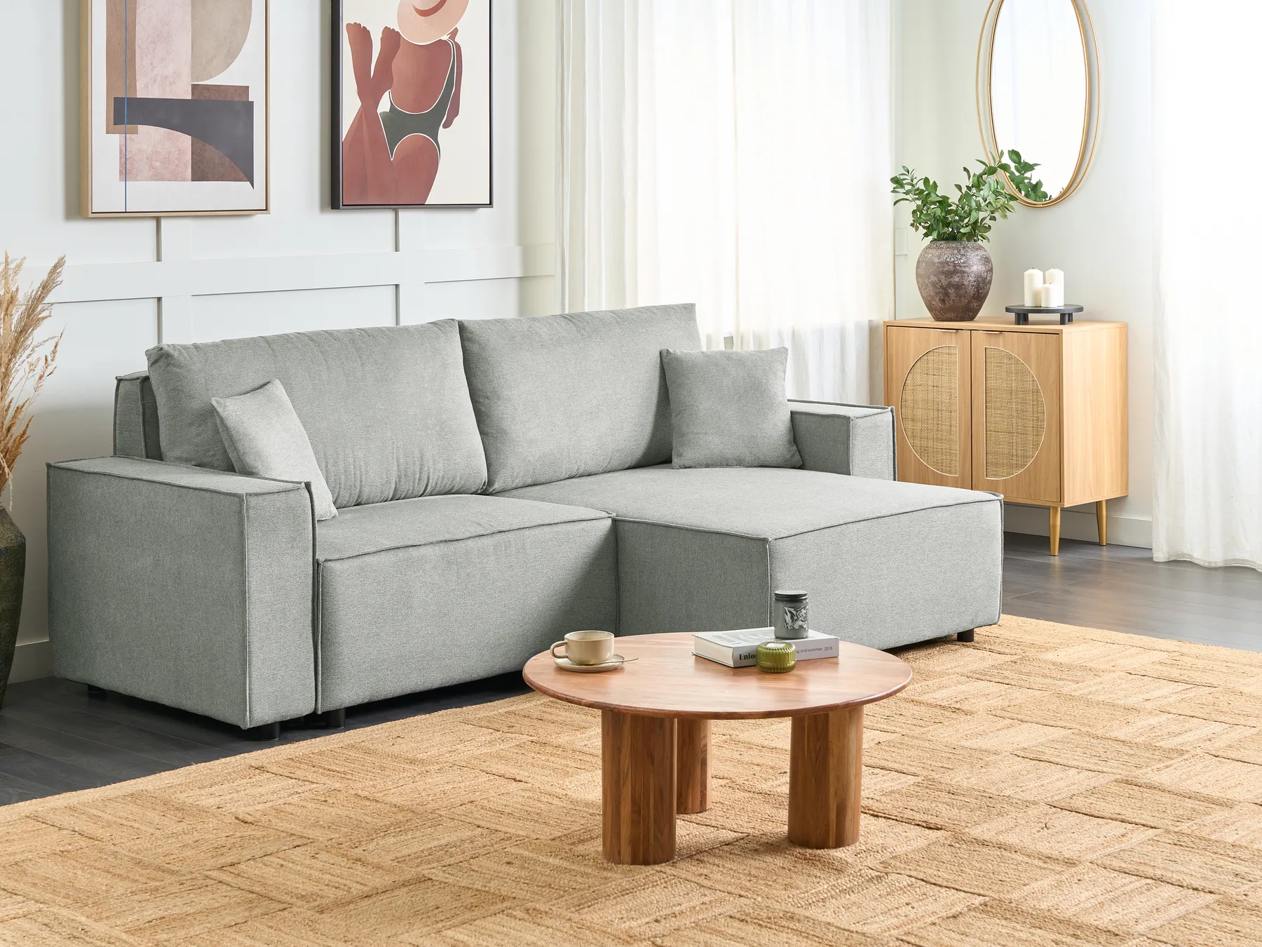 Eckschlafsofa 3-Sitzer KARILA mit Stauraum Stoff Grau linksseitig_886068