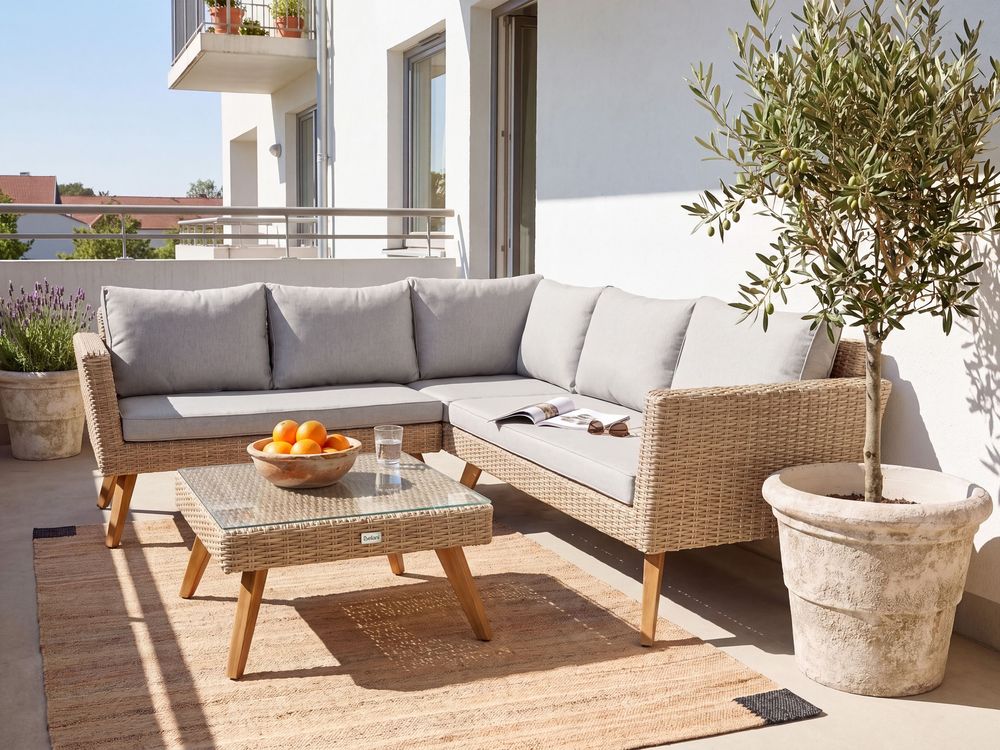 Garten Ecksofa mit Tisch 6-Sitzer VITTORIA Polyrattan Grau