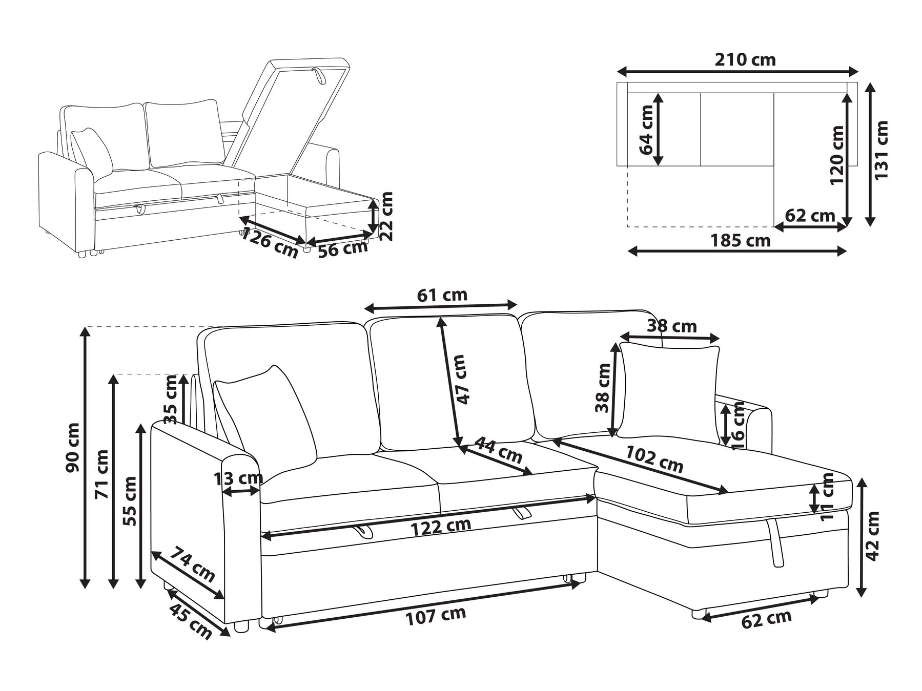 Eckschlafsofa 3-Sitzer NASSJO mit Stauraum Kunstleinen Hellbraun linksseitig_1000392
