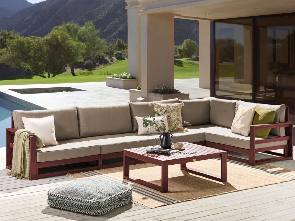 Garten Ecksofa mit Tisch 5-Sitzer TIMOR modular Akazienholz Dunkelrot Grau Beige