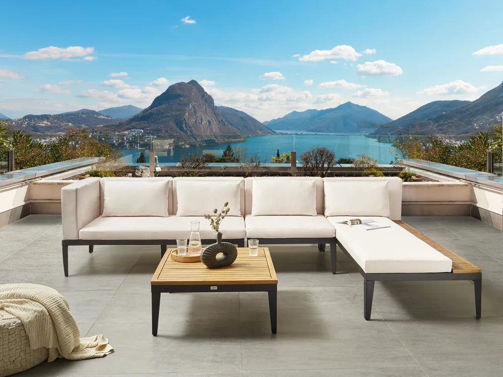 Garten Ecksofa mit Tisch 4-Sitzer BRACCIANO zertifiziertes Akazienholz Hellbeige linksseitig