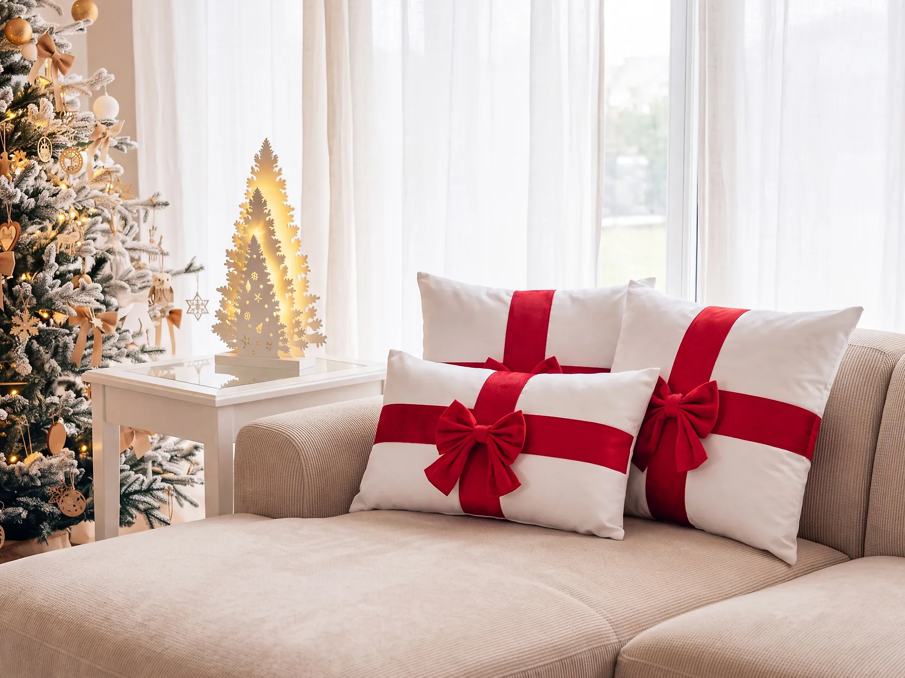 Set of 3 Decorative Cushions BOWELLE 30 x 50 cm 45 x 45 cm Off-White Christmas Motif_1164529
