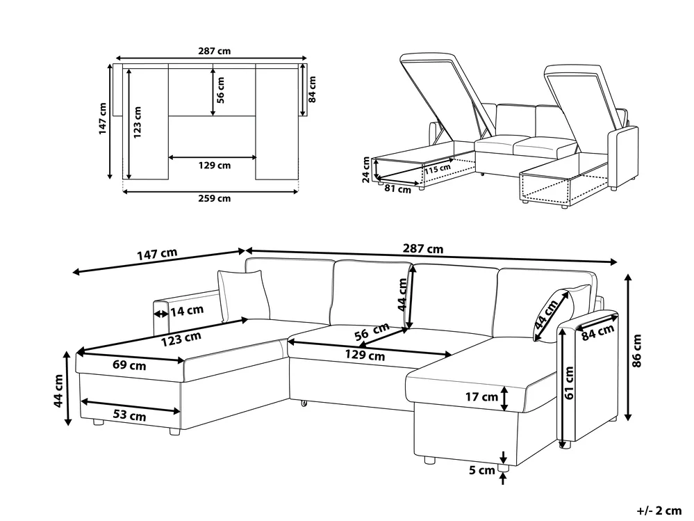 U-Shape Sofa Bed 5 Seater SOMMEN with Storage Fabric Dark Grey_723539