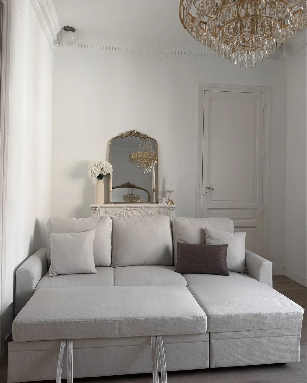Corner Sofa Bed 3 Seater NASSJO Faux Linen Off-White Left Hand_1072278