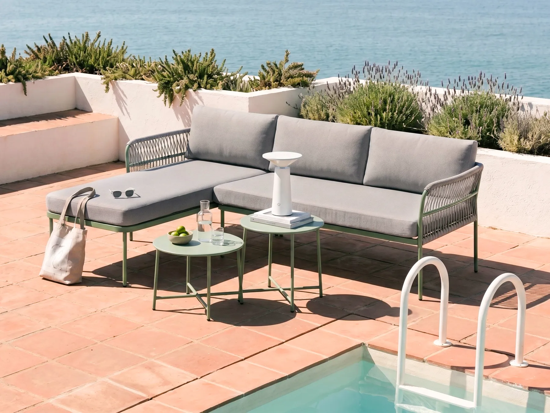 Garden Corner Sofa 3 Seater ONZO with Tables Metal Green Right Hand_1082836