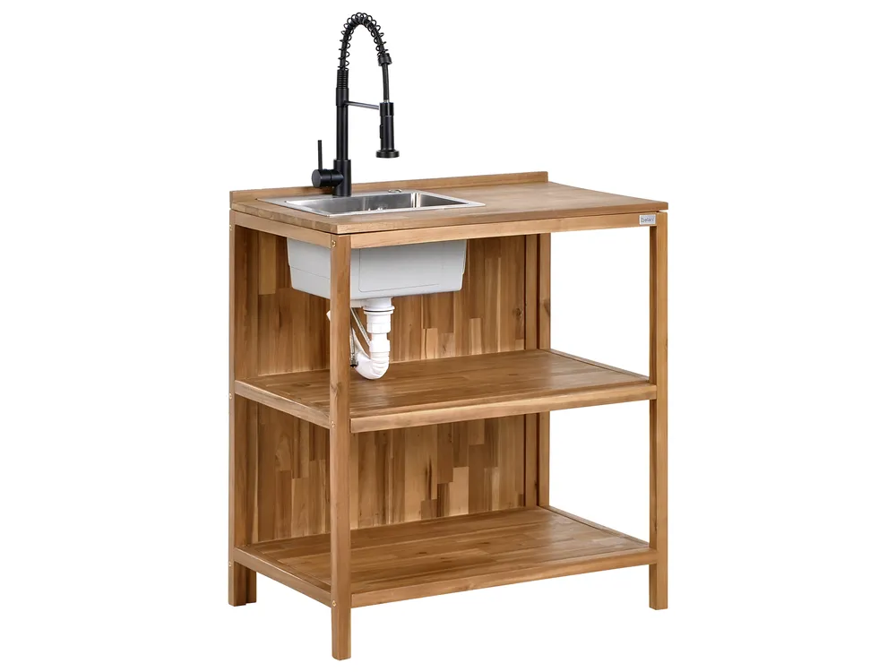 Outdoor-Kücheninsel mit Spüle VENOSA Braun / Schwarz Braun Akazienholz