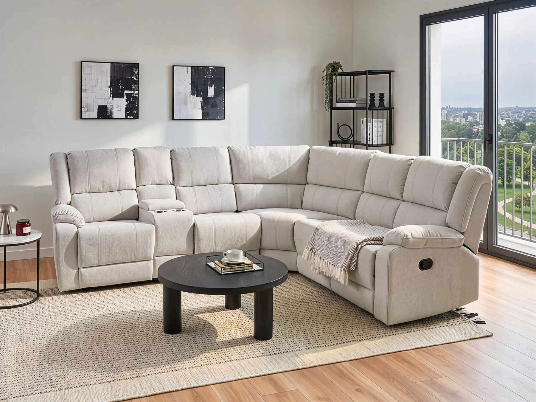 Ecksofa manuell verstellbar 5-Sitzer ROKKE Stoff Cremeweiß Hellbeige linksseitig_959342