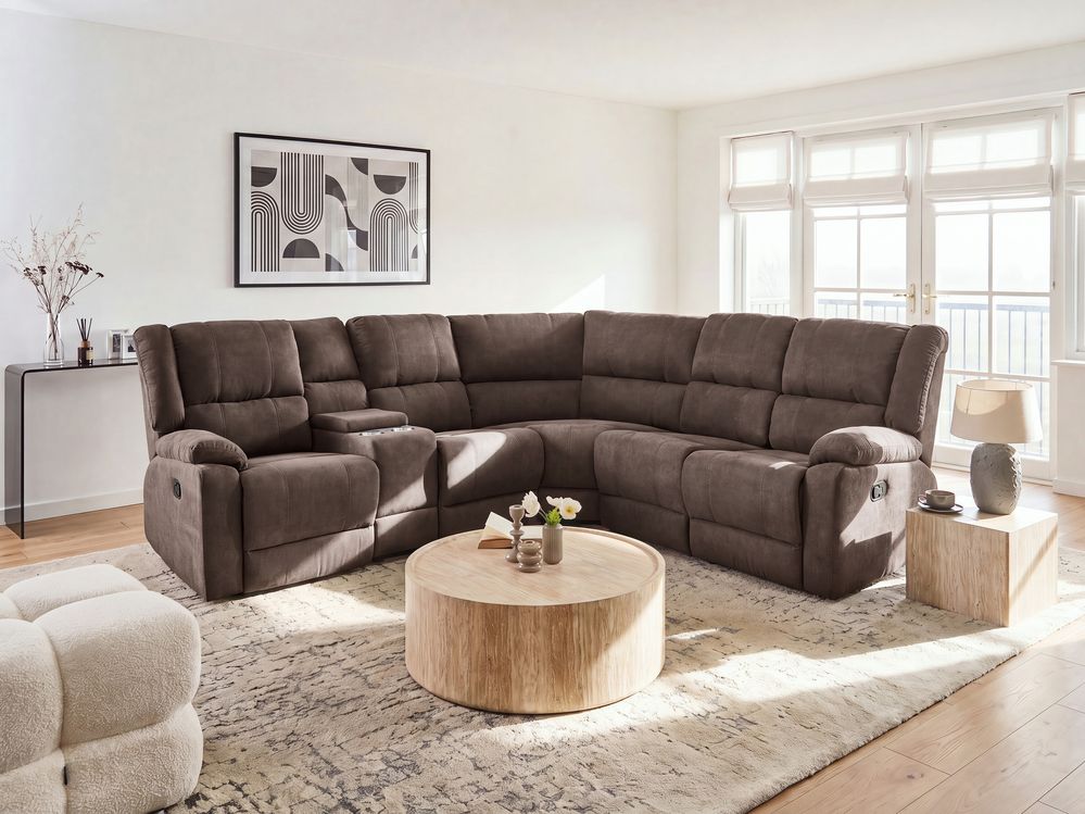 Manual Recliner Corner Sofa 5 Seater ROKKE Fabric Taupe Left Hand