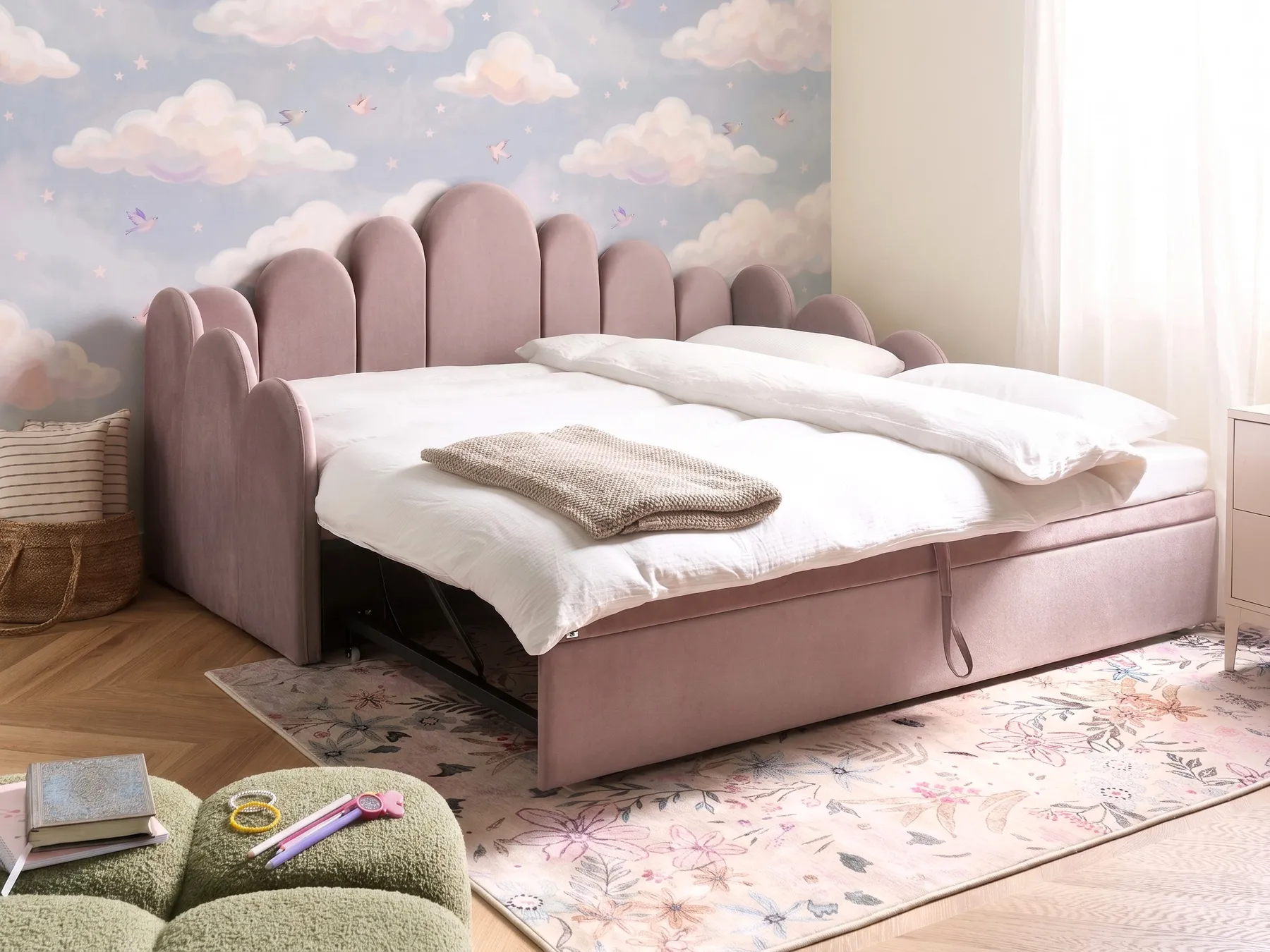 Ausziehbett Samtstoff POLIGNAC 90 x 200 cm Pastellrosa_1081295