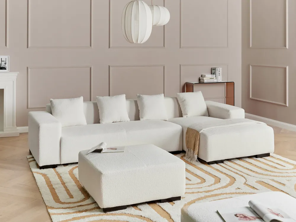 Ecksofa 4-Sitzer LUNGO mit Ottomane Bouclé Weiß linksseitig