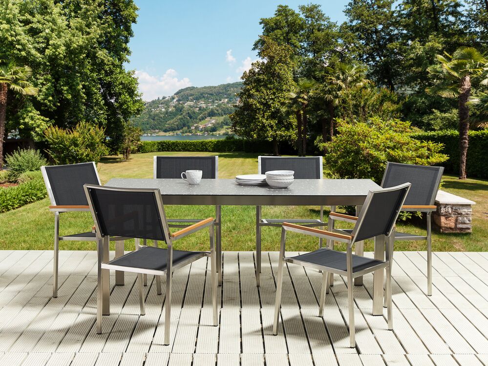 Tuinset 6-zits COSOLETO/GROSSETO Veiligheidsglas Granieteffect Zwart