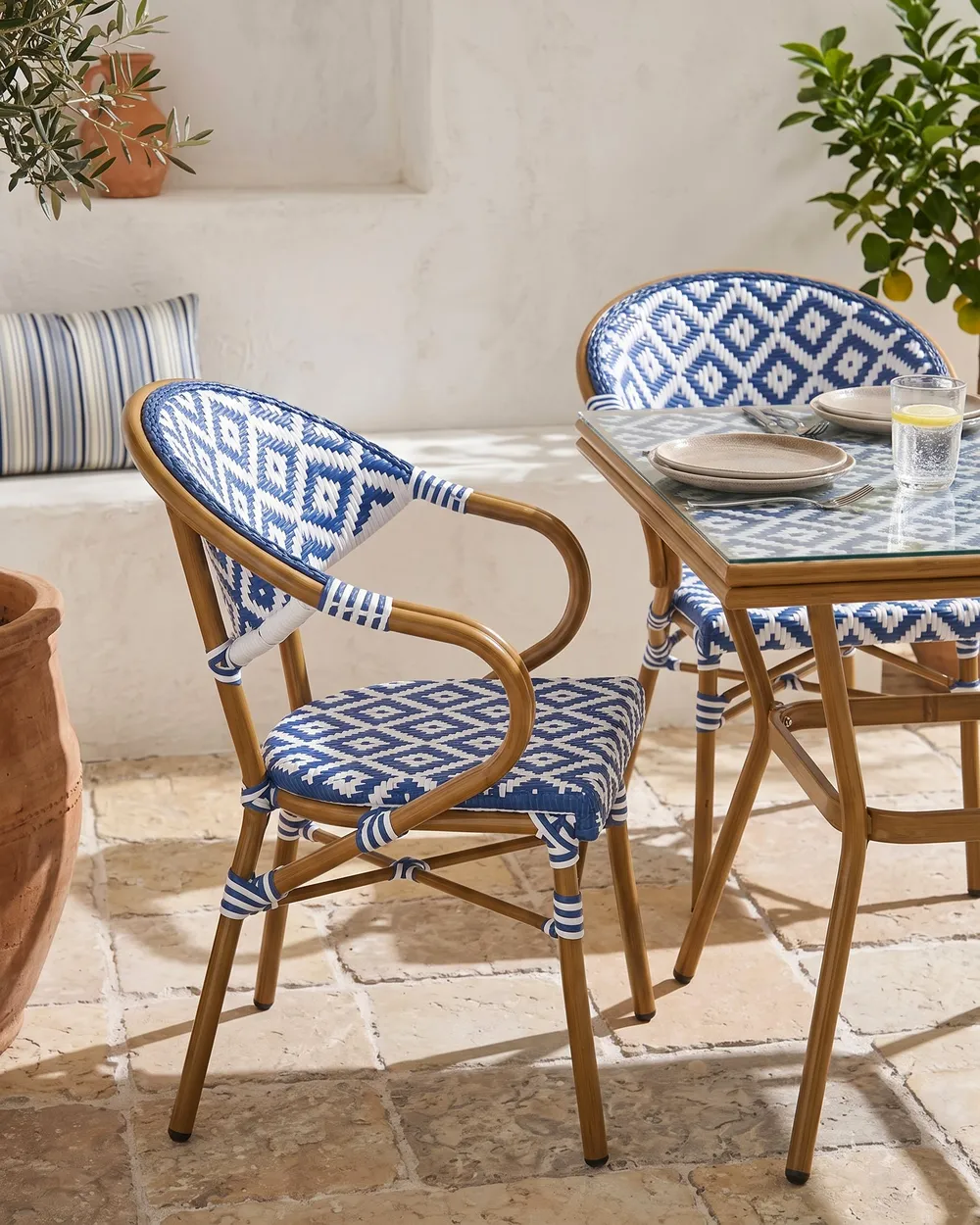 Gartenstuhl 4er Set CASPRI Polyrattan Blau / Weiß