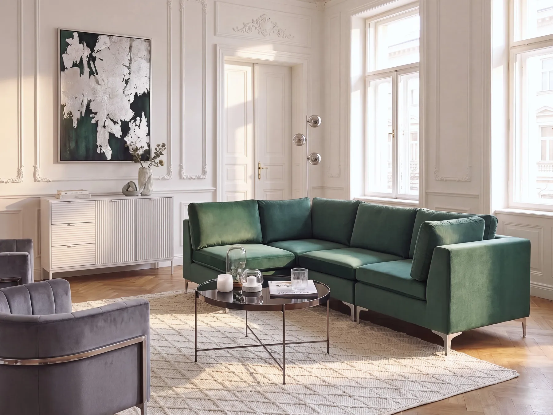Modul Ecksofa 4-Sitzer EVJA Samtstoff Grün rechtsseitig_789549
