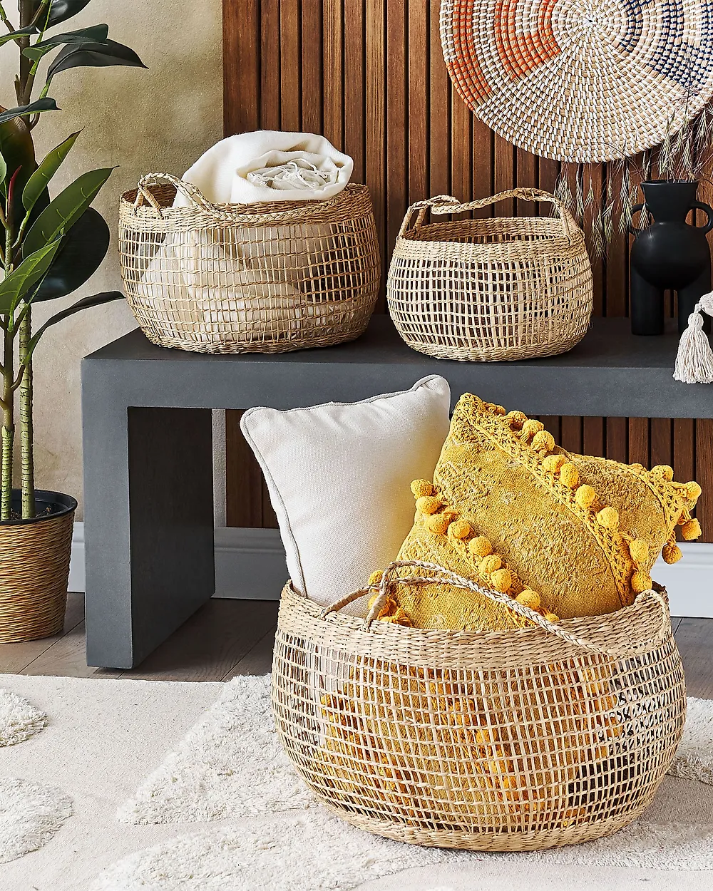 Set of 3 Baskets ARAPAIMA Seagrass Natural Ash Wood_1182384