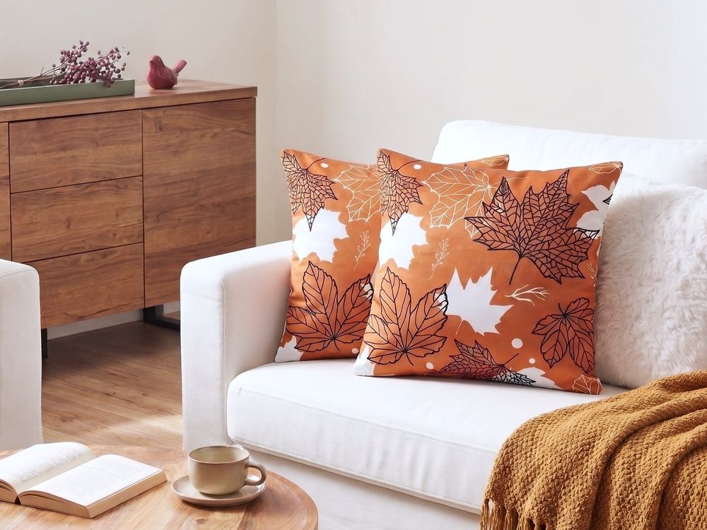 Dekokissen POINSETTIA 45 x 45 cm Samtstoff Orange Pflanzenmuster