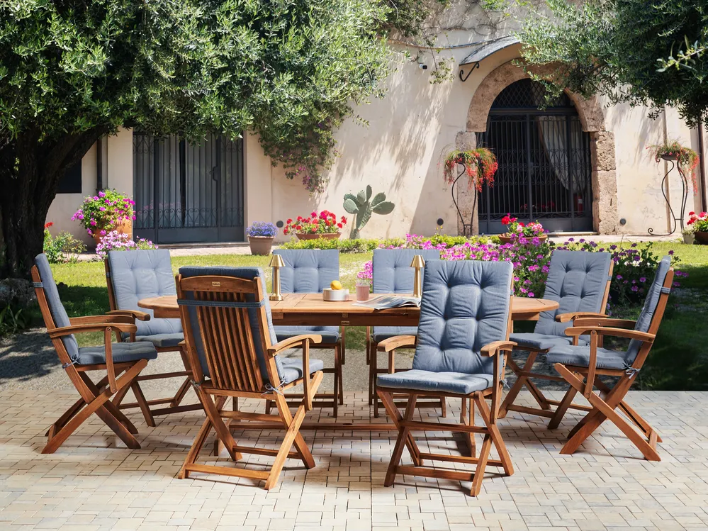 Set mit 8 Stühlen und Sitzkissen MAUI PREMIUM Akazienholz Blau